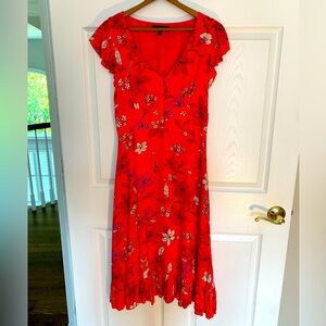 Banana Republic Red Floral Fully Lined midi Ruffle Dress